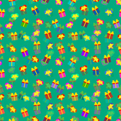 Giftboxes and hearts with ribbon bow. Vector festive background seamless repeating pattern. Editable template.