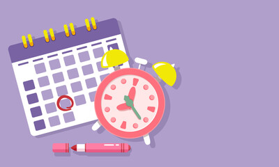 Calendar and alarm clock on the violet background. 
Making plans with a pen for business or travel ideas concept. Vector illustration minimal cartoon flat icon design for banner and poster.
