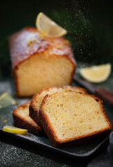 Delicious homemade lemon loaf (pound) cake, close up