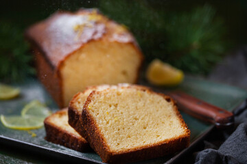 Delicious homemade lemon loaf (pound) cake, close up