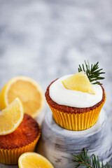 Homemade delicious lemon cupcakes, decorated with creamcheese and fresh citrus fruits
