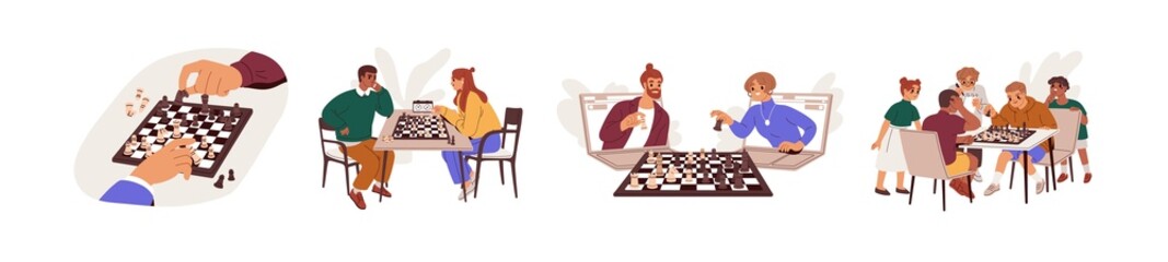 People playing chess game set. Young adult players, kids with boards on table and online. Smart men, women and school children at chessboard. Flat vector illustrations isolated on white background © Good Studio