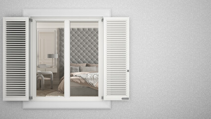 Exterior plaster wall with white window with shutters, showing interior bedroom with double bed, blank background with copy space, architecture design concept idea, mockup template