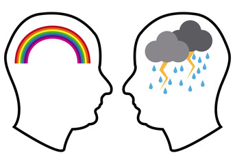 Icono de cabezas con arcoiris y  tormenta representando la bipolaridad. 