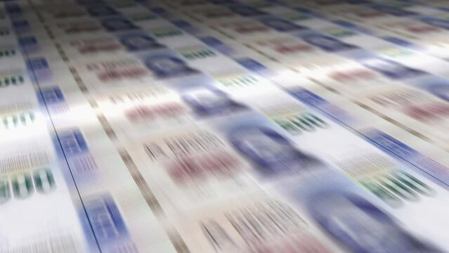 Mexico Peso money sheet printing. MXN banknotes loop print. Seamless and looped background concept of finance, economy crisis, inflation and business.