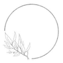 背景素材　シルバーのボタニカル風 フレーム　水彩で描いた葉付きの枝