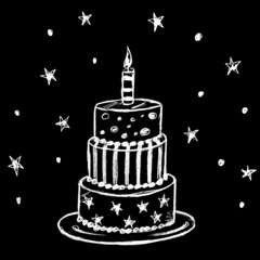On a black background, a white cake with candles