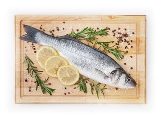 Fresh uncooked pike perch with lemon, rosemary and spice on wooden board isolated on white background