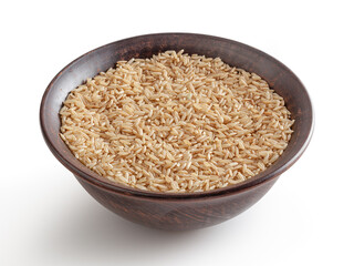 Brown rice in ceramic bowl isolated on white background with clipping path