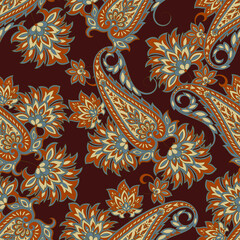 Traditional seamless paisley pattern. Vector Indian floral ornament.
