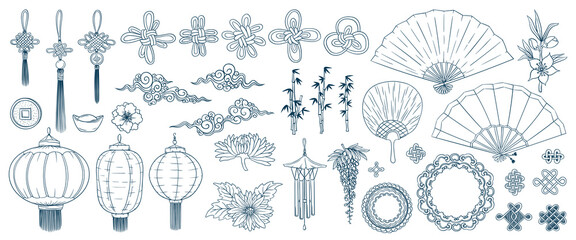 Fototapeta Asian doodles set. Asia culture symbols collection. Chinese traditional elements set. Chinese lantern, lucky knot amulet, peony, sakura, bamboo. Kimono ornament. obraz