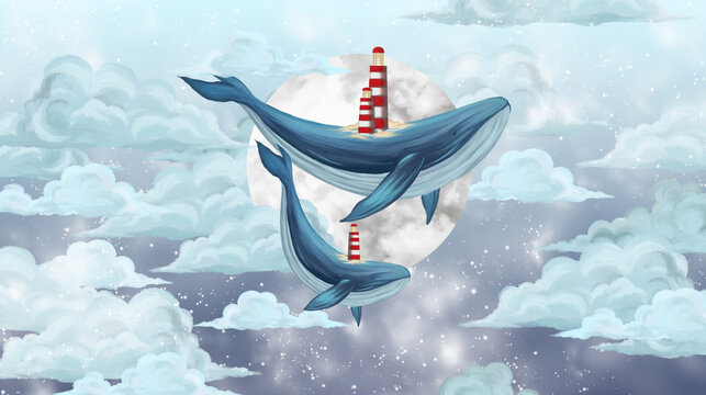 two whales that swim in the starry sky among the clouds, photo wallpaper for the interior