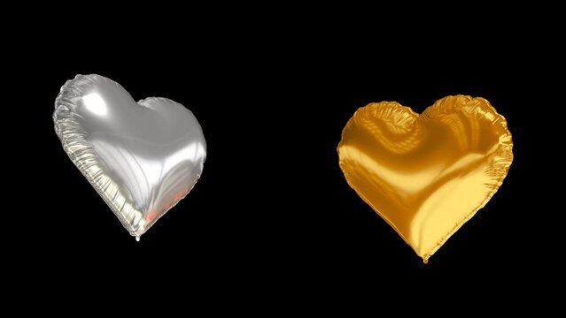 Silver and gold heart-shaped helium balloons levitate or fly in the air. Chroma key, hearts