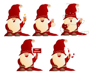A set of festiveи gnomes in santa costumes.