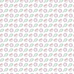 Spring pattern with leaves, flowers and hearts on a transparent background