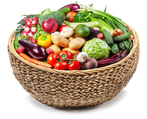 Food basket. Vast of different vegetables in the wicker basket on white background.