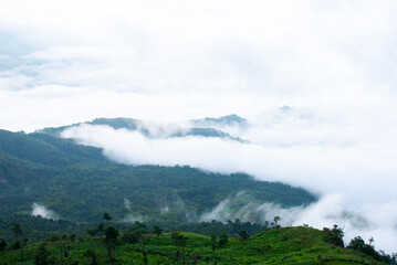 Aerial view of mountain hills with white cloud on the sunset time,Thailand,ASIA.