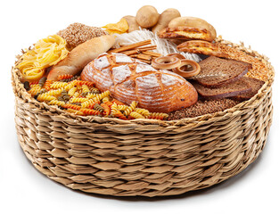 Food basket. Vast of different vegetables in the wicker basket on white background.