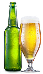 Bottle of cold light beer and glass of beer isolated on a white background. File contains clipping...