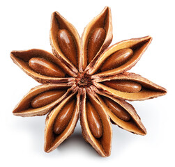 Anise star and aniseeds, spice with strong taste used in cooking, isolated on white background.