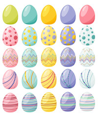 Bright, multi-colored, ornamented, circled and striped plow eggs on a white background.