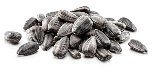 Pile of whole sunflower seeds isolated on white background.