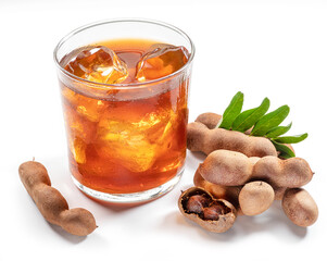 Glass of cool refreshing tamarind drink and some tamarind fruit on white background.