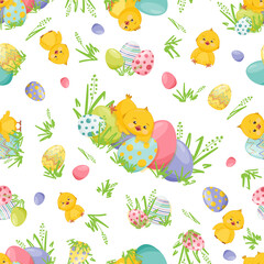 Bright seamless vector pattern with colorful Easter eggs and funny, cute, fluffy, yellow chickens, on a white background.
