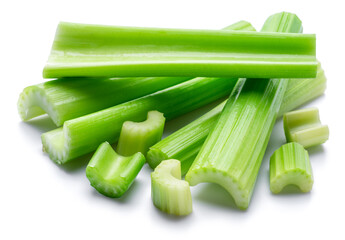 Pile of celery ribs isolated on white background.