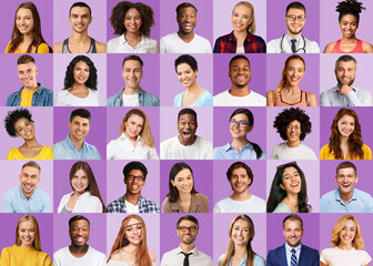 Collage of diverse multicultural people portraits over purple toned backgrounds