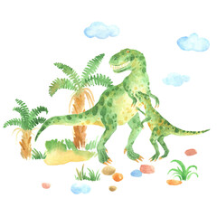 dinosaur tyrannosaurus rex with baby in prehistoric jungle