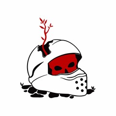 Vector illustration of a broken helmet. A motorcyclist's helmet with a hole through which a plant sprouts. Isolated on white background.