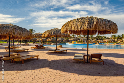 Palms and pools in a luxury hotel garden on the Red Sea