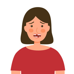 Woman with missing teeth in flat design on white background. Girl loss her tooth.