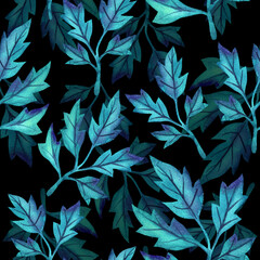 Floral background with leaves watercolor in hand drawn style. Spring leaves seamless pattern on black. Foliage  illustration for paper, textile, wrapping and wallpaper.