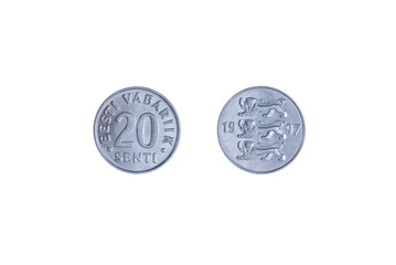An old Estonian coin isolated on black, 20 senti 1998 year. Coinage, close-up.