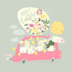 Cute Cartoon Rabbits drivig by Car with Horse and Easter Egg