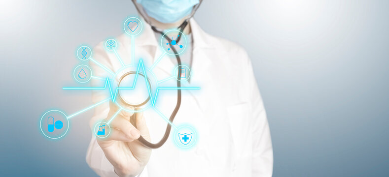 Doctor in a mask on a gray background holds a stethoscope, a technology interface and 3d rendering. Medical background with neon interface and medical icons.