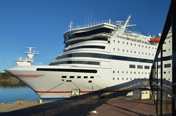 Naklejka premium Passenger ferry stands in the port. Close-up of the ferry. Finland, Aland Islands. High quality photo