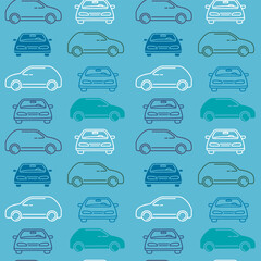 Vector kid illustration of line car on blue color background. Line art style design of car parking seamless pattern