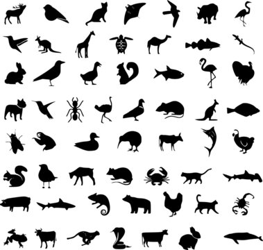 Set of black silhouettes of animals