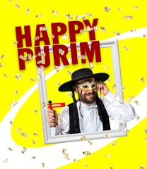 Obraz na płótnie Canvas Bright contemporary art collage with happy young orthodox jewish man during festival purim. Holiday, celebration, tradition, ad concept.