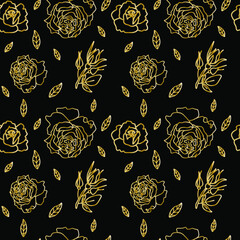 Vector seamless gold floral pattern on black isolated background. Spring, abstract,botanical print hand painted.Designs for scrapbooking, packaging, wrapping paper, social media, textiles, fabric.