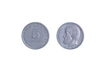 Greek 5 Drahmas copper-nickel coin 1982 year, Greece. The coins feature a Aristotle portrait, Greek philosopher 