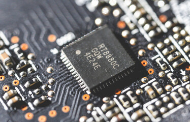 Fototapeta na wymiar microchip macro pcb technology closeup