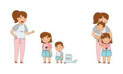 Young Mother Embracing Her Kids and Scolding for Eaten Cookies as Family Relations Vector Illustration Set