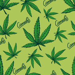 Seamless Pattern with Cannabis Leafs Vector Sketch illustration.