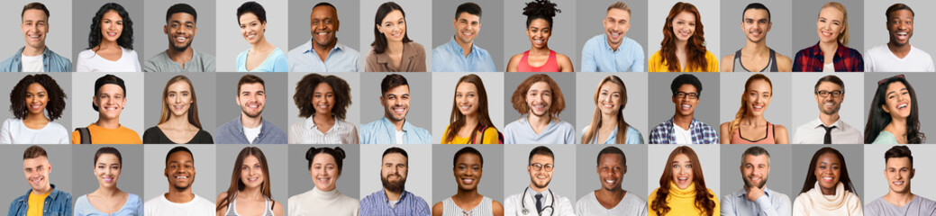 Set of diverse smiling multicultural people's faces over gray backgrounds