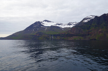 Breathtaking landscape coastal nature scenery of Iceland coast with massive glaciers, mountains,...
