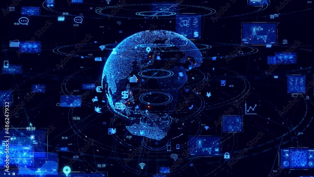 Poster Global communication network concept. Digital transformation. DX.